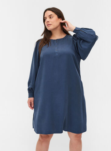 Kjole med lange puffermer, Dark blue denim, Model image number 0