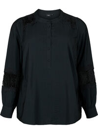 Viskosebluse med heklede detaljer, Black Viskosebluse med heklede detaljer