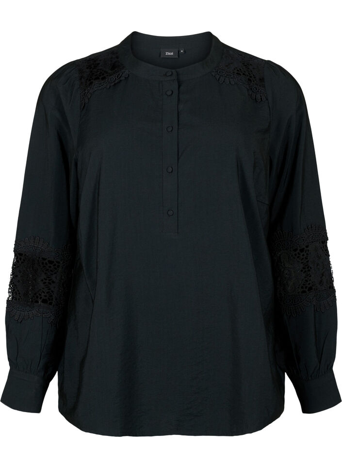 Viskosebluse med heklede detaljer, Black, Packshot image number 0