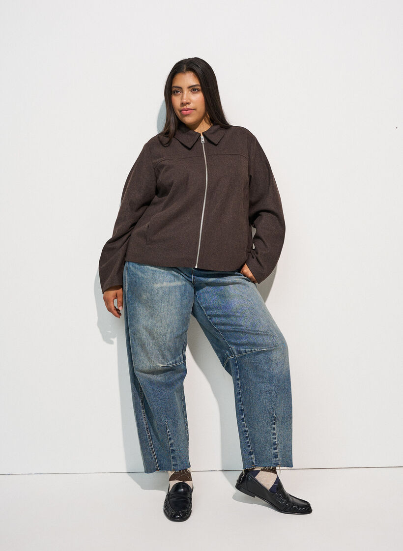 Kort jakke med skjortekrage og glidel&aring;s, Brun, Model image number 1