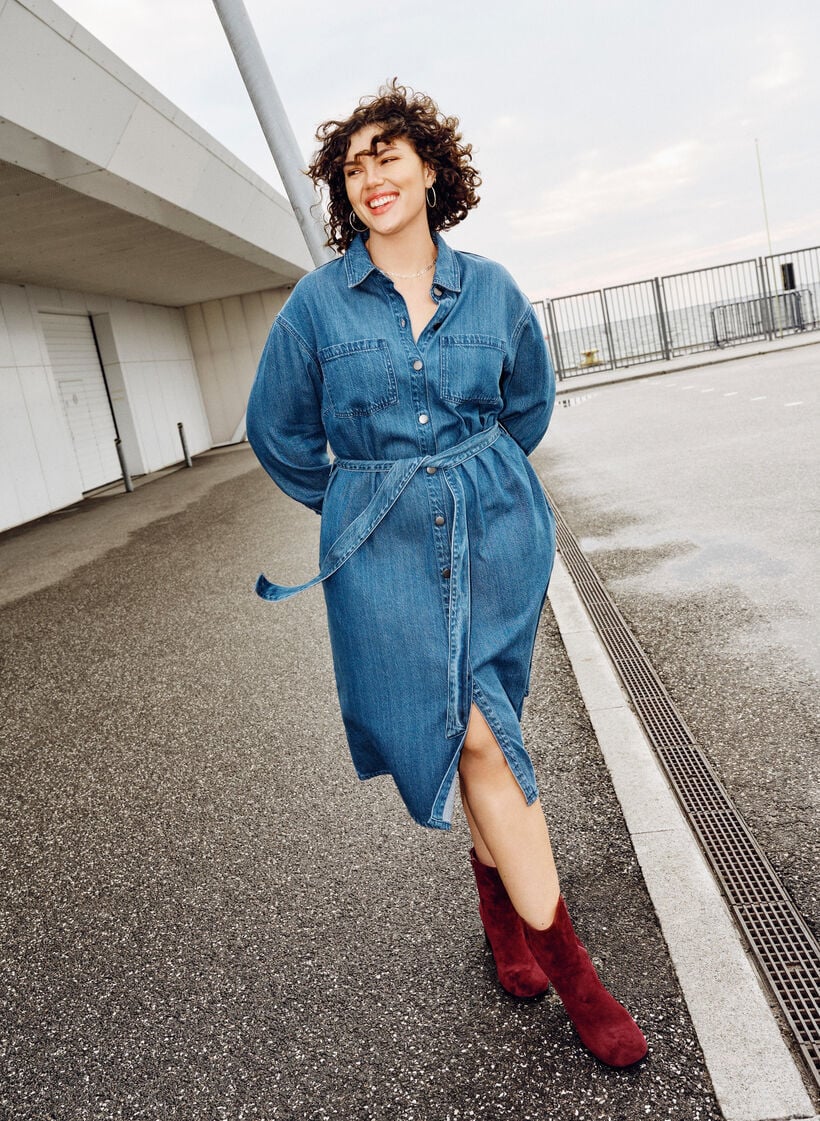 Denim skjortekjole med knytebelte og sidelommer, Blå, Image image number 0