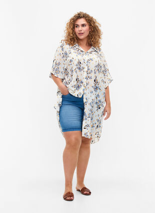 Lang skjorte med blomstermønster, White Flower/Gold, Model image number 2