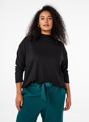 Zizzi Bluse med høy hals og lange ermer, Svart, Model image number 0