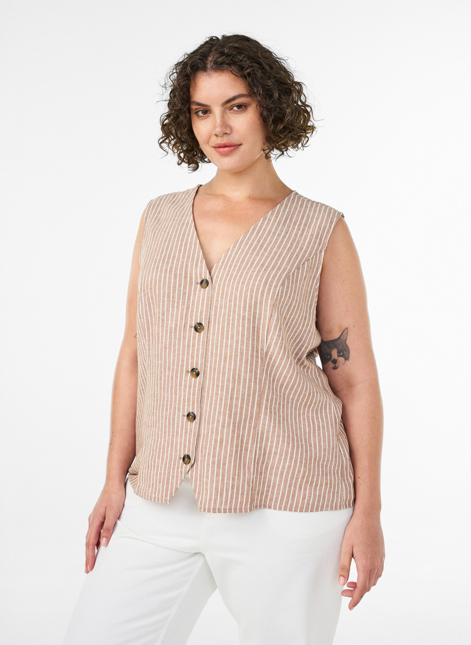 Stripete vest i lin og viskose, Beige, Model