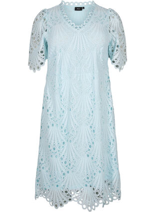 Heklet kjole med korte ermer, Delicate Blue, Packshot image number 0