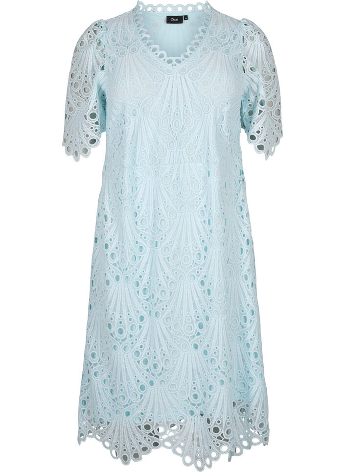Heklet kjole med korte ermer, Delicate Blue, Packshot image number 0