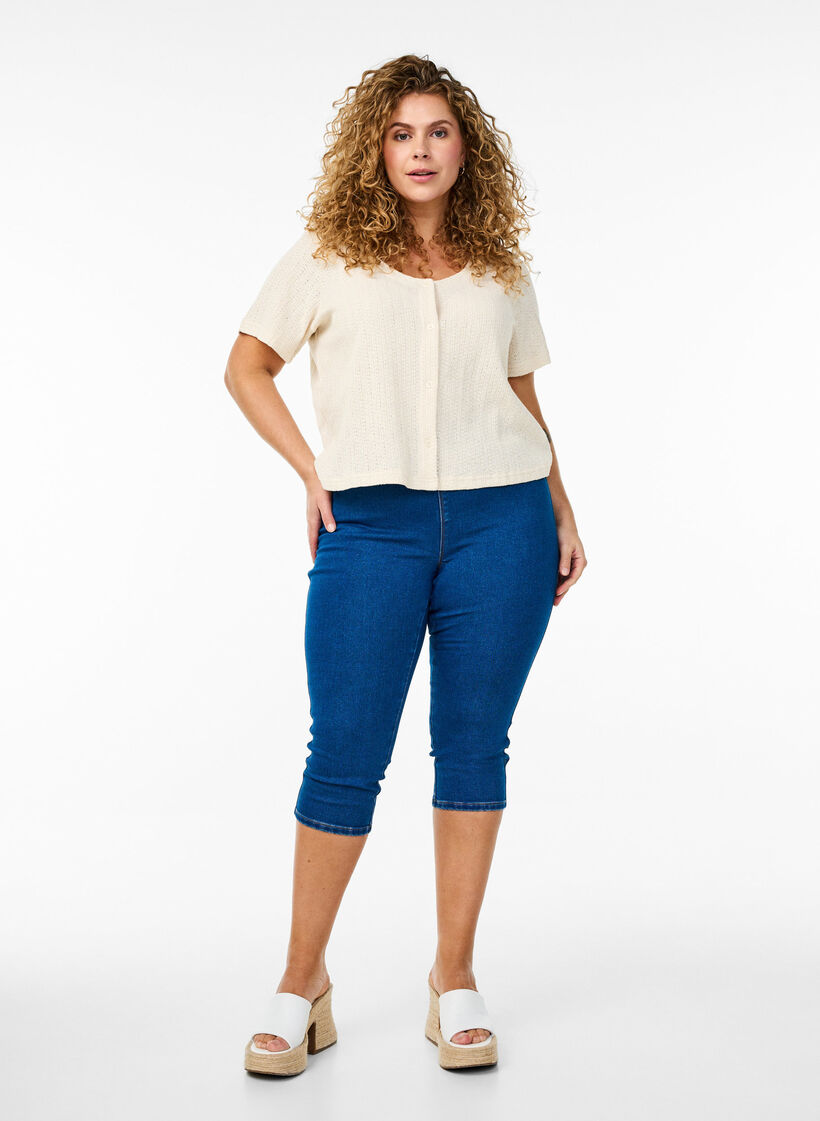 Denim-knebukser med elastisk linning, Dark Blue Denim, Model