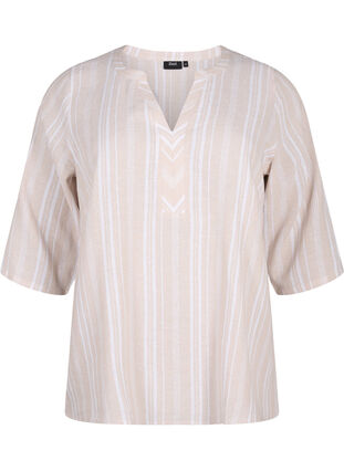 Stripete bluse i lin- og viskoseblandet kvalitet, Beige White Stripe, Packshot image number 0