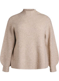 Ribbestrikket genser med puffede ermer og knapper, Beige