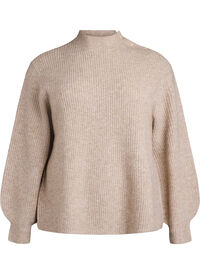 Ribbestrikket genser med puffede ermer og knapper, Beige Ribbestrikket genser med puffede ermer og knapper