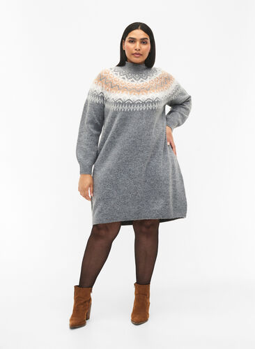 Mønstret strikket kjole med lange ermer, Medium G. Mel. Comb, Model image number 2