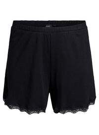 Løse nattshorts med ribbestruktur og blonderkant, Svart Løse nattshorts med ribbestruktur og blonderkant