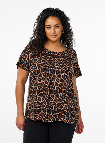 Zizzi FLASH - Kortermet bluse i viskose med trykk, Brun, Model image number 0