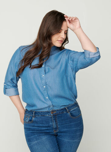 Stripete skjorte i lyocell, Blue denim, Model image number 0
