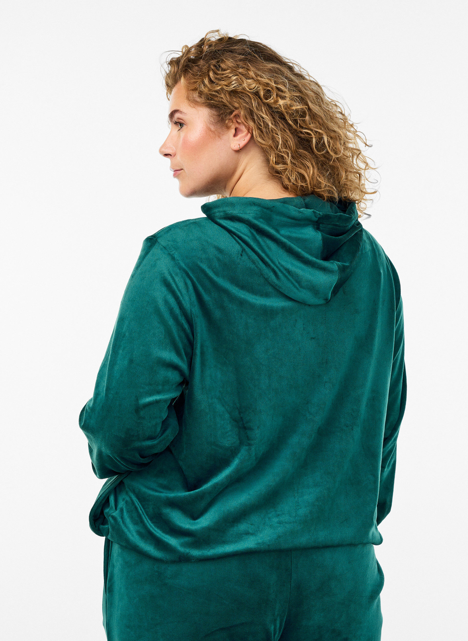 Zizzi Velour cardigan med glidel&aring;s og hette, Gr&oslash;nn, Model image number 2