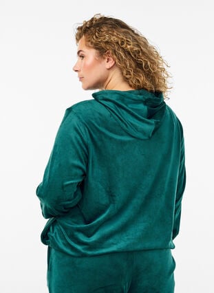 Zizzi Velour cardigan med glidelås og hette, Grønn, Model image number 2