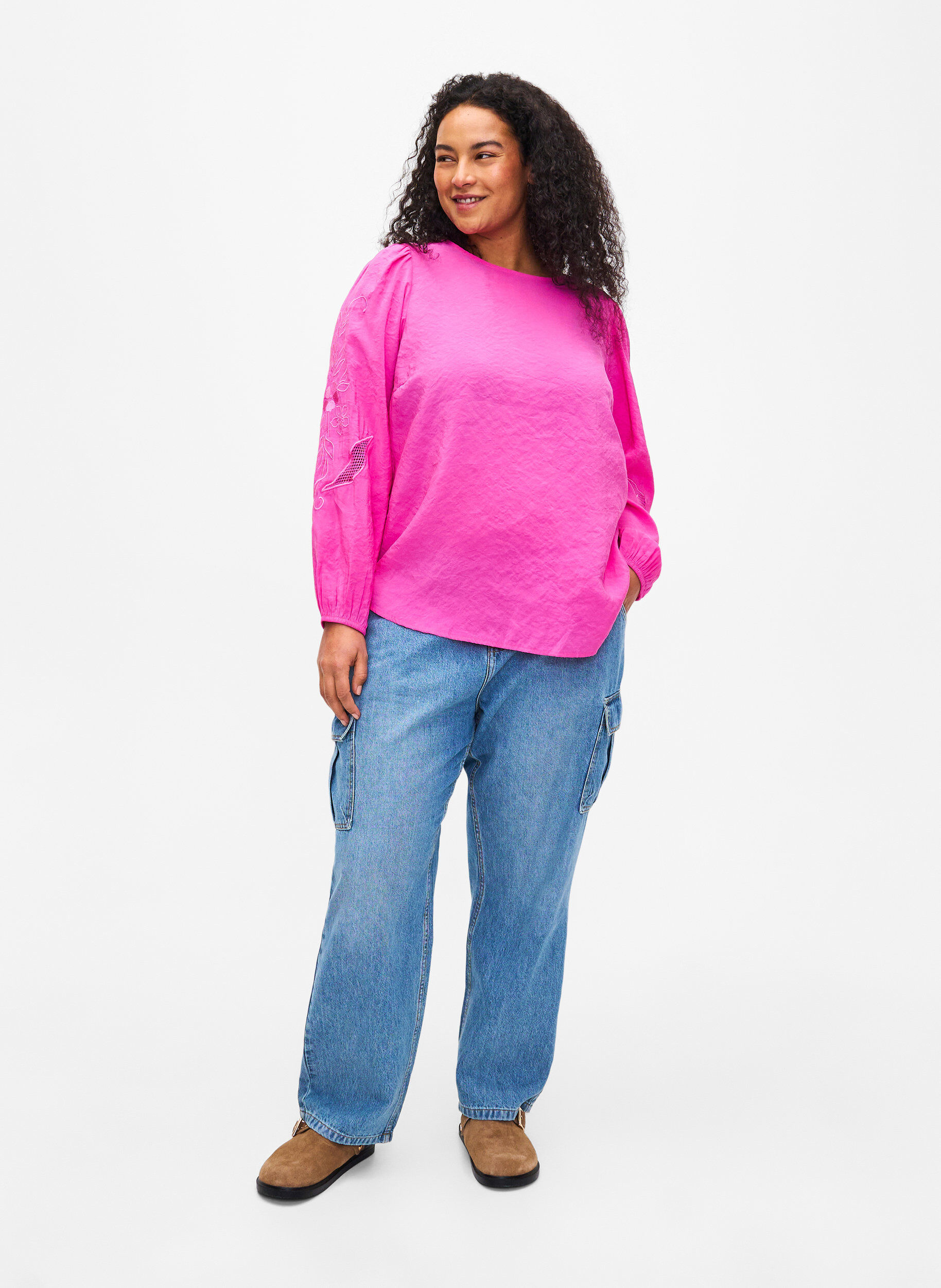 Zizzi Bluse i Tencel &trade; Modal med broderidetaljer, Phlox Pink, Model image number 3