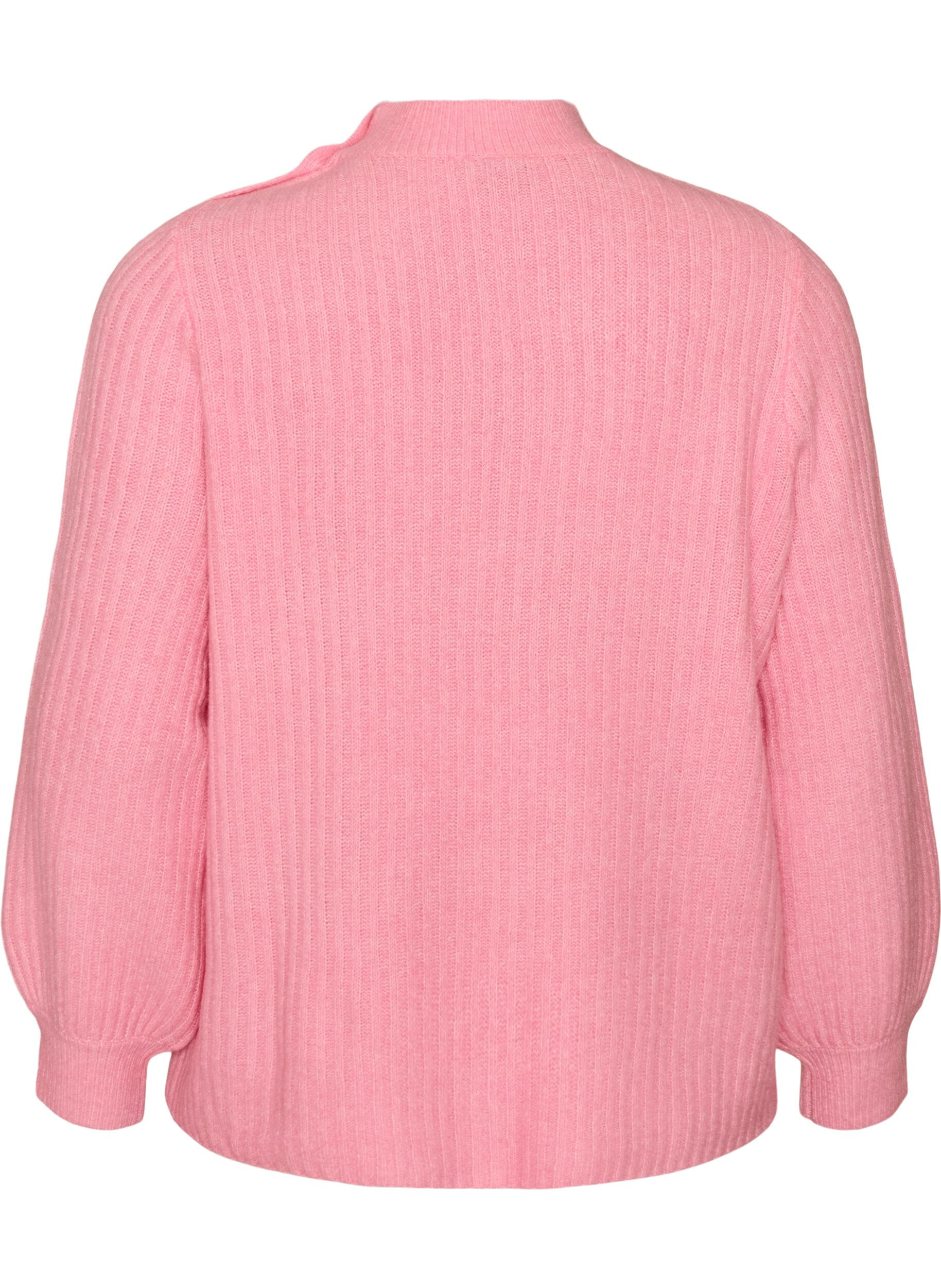ZizziRibbestrikket genser med puffede ermer og knapper, Rosa, Packshot image number 1