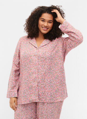Pysjamasskjorte i bomull med blomstermønster, Powder Pink, Model image number 0