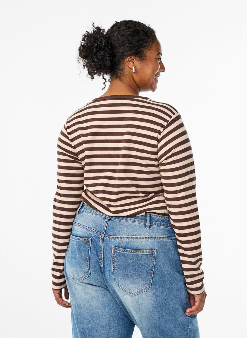 Stripete bluse med lange ermer, Brun, Model image number 2