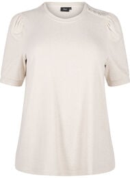 Bluse med knappedetaljer og korte puffermer, Oatmeal White Mel.