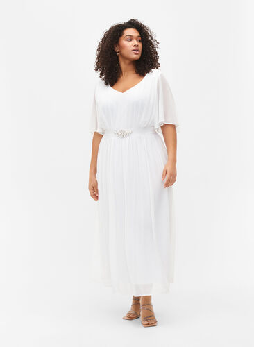 Maxikjole med draperinger og korte ermer, Bright White, Model image number 0