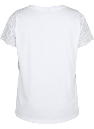 T-skjorte av bomull med korte blondeermer, Bright White, Packshot image number 1