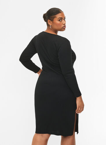 Kroppsnær kjole med splitt og lange ermer, Black, Model image number 1
