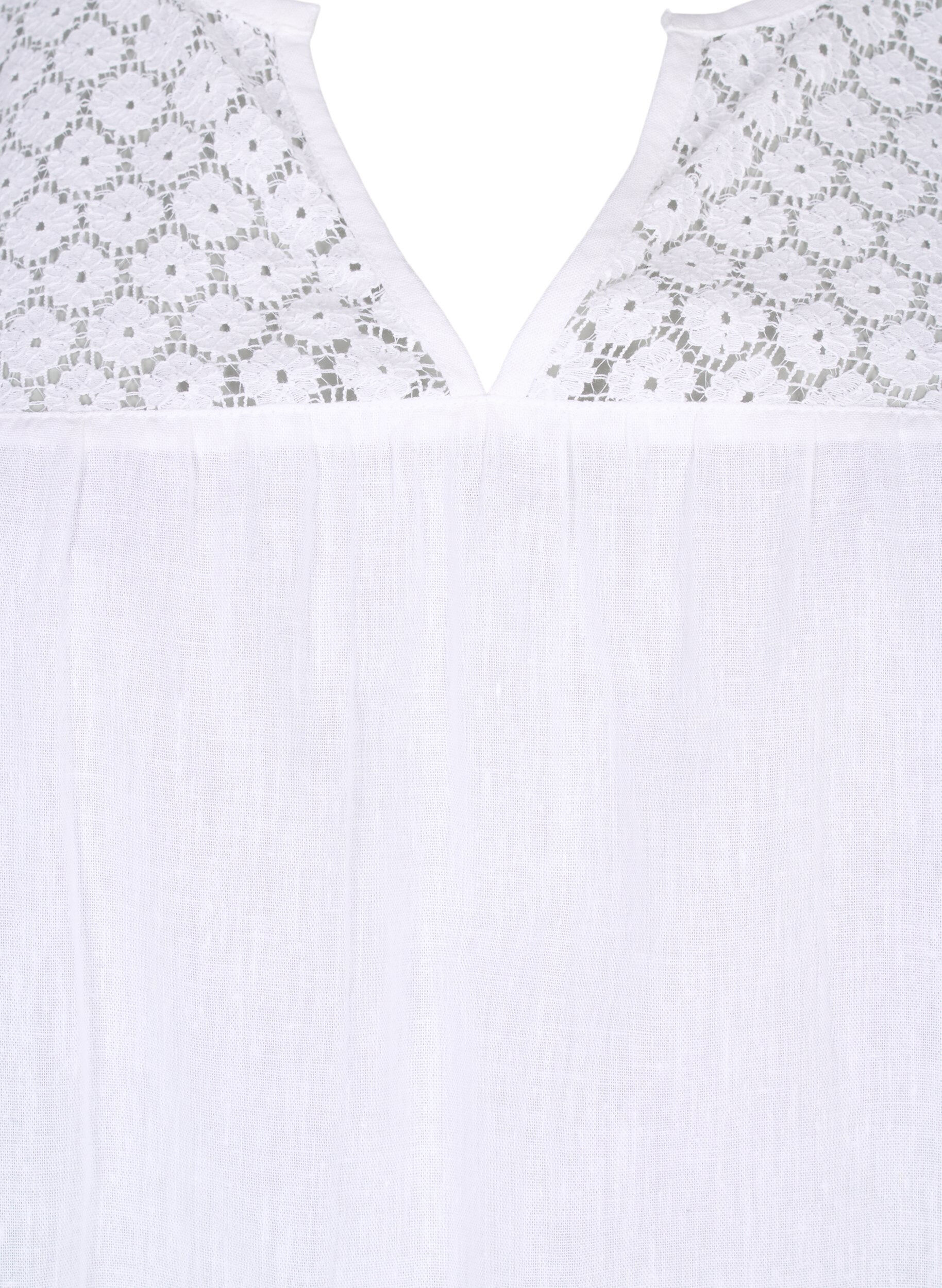 Zizzi Bluse i bomullsblanding med lin og heklede detaljer, Bright White, Packshot image number 2