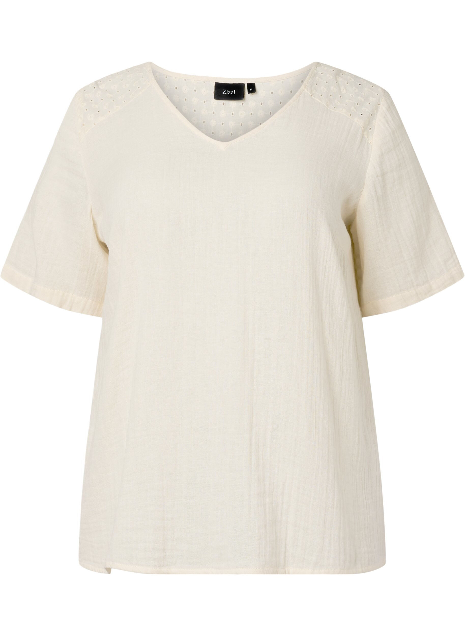 Zizzi Bluse i bomull med broderi og korte ermer, Buttercream, Packshot image number 0