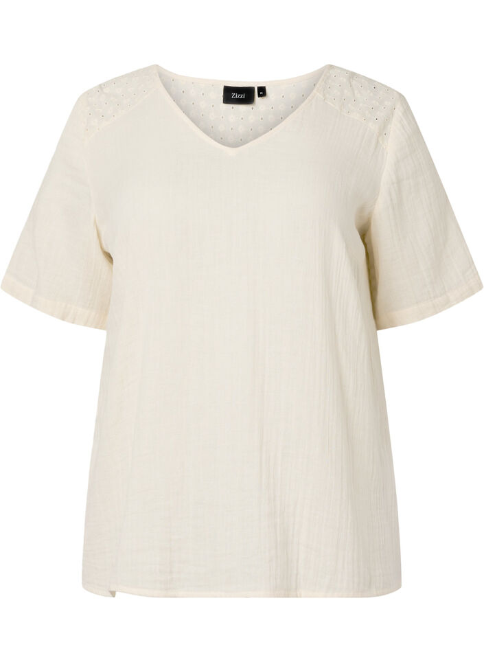 Bluse i bomull med broderi og korte ermer, Buttercream, Packshot image number 0