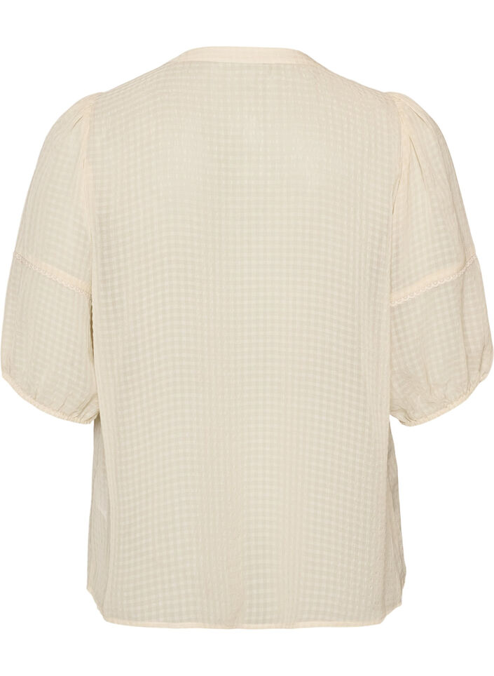 Bluse i seersucker med knytesnor, Beige, Packshot image number 1