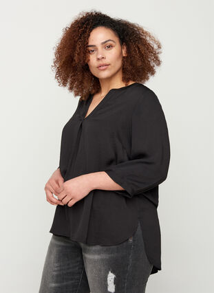 Bluse med 3/4-ermer og V-hals, Black, Model image number 0