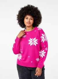 Strikkegenser med snøfnugg, Rosa Strikkegenser med snøfnugg, Rosa, Model
