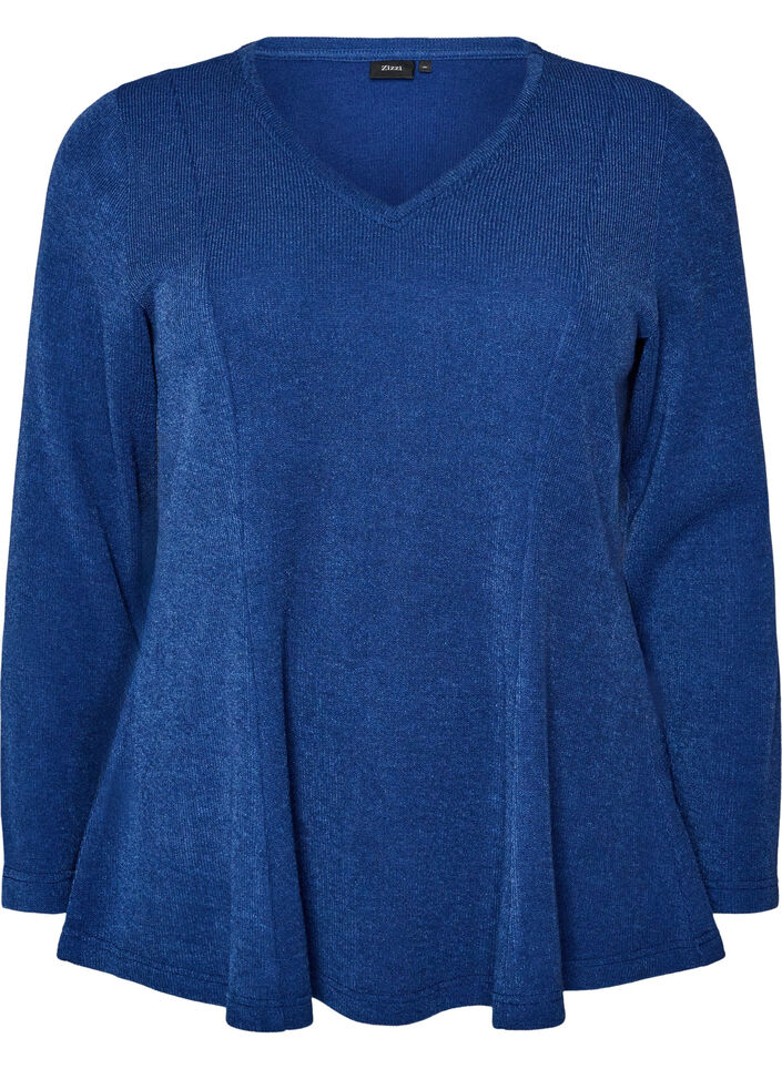 Jersey bluse med ribbet tekstur og A-linje passform, Bl&aring;, Packshot image number 0