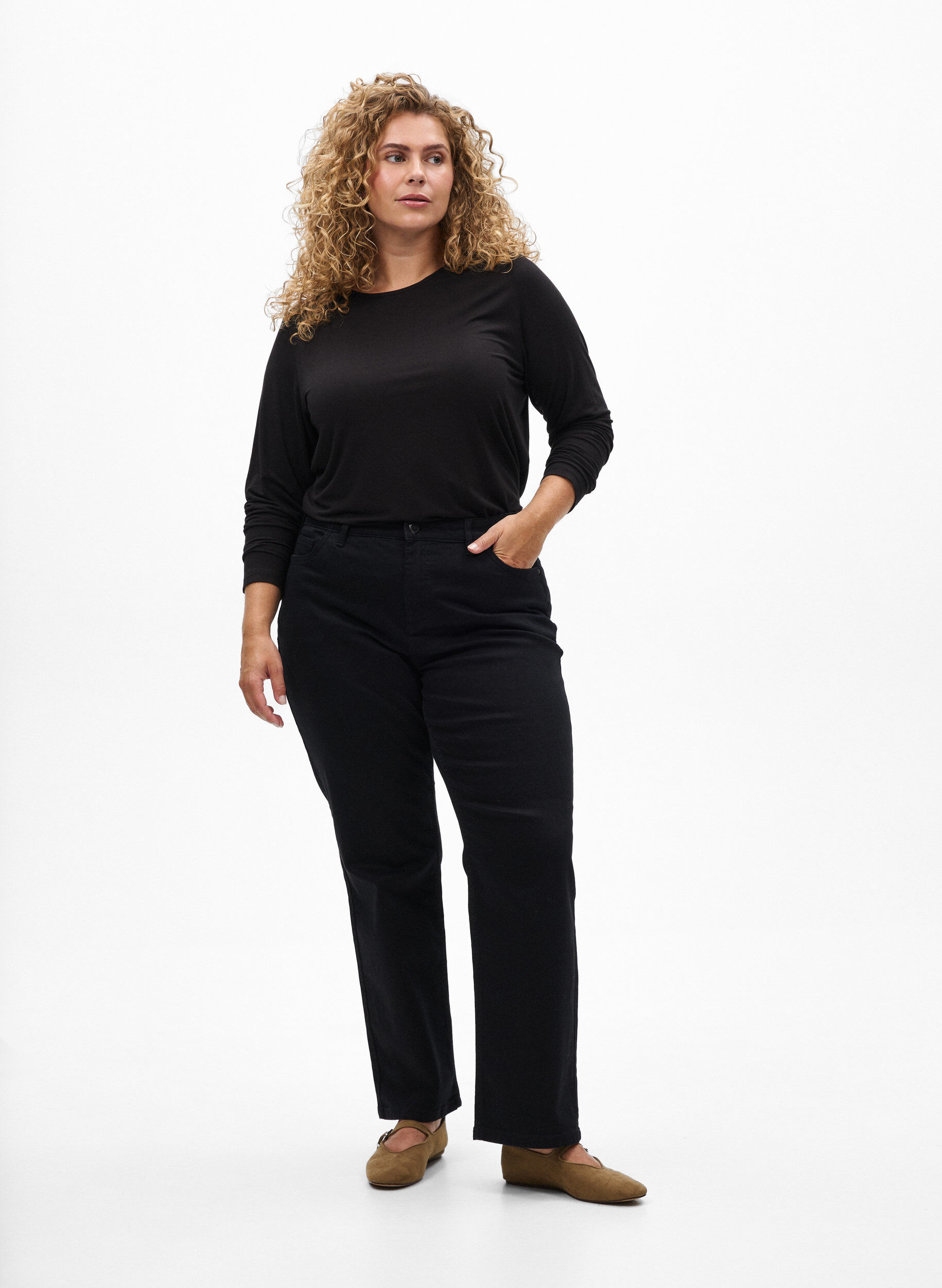 ZizziEnsfarvet bluse med lange ermer, Svart, Model image number 1
