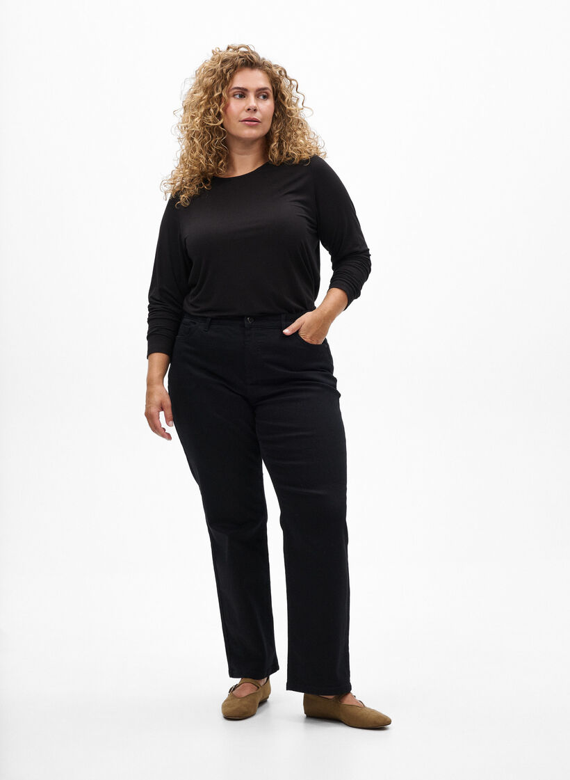 Ensfarvet bluse med lange ermer, Svart, Model image number 1