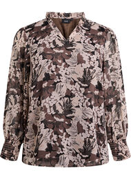 Bluse med blomstertrykk, Black w. Flower AOP