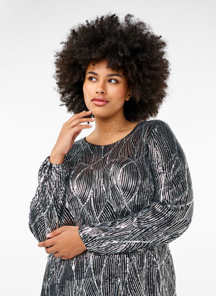 Zizzi Langermet paljettkjole med mønster, Silver Sequins, Model image number 2