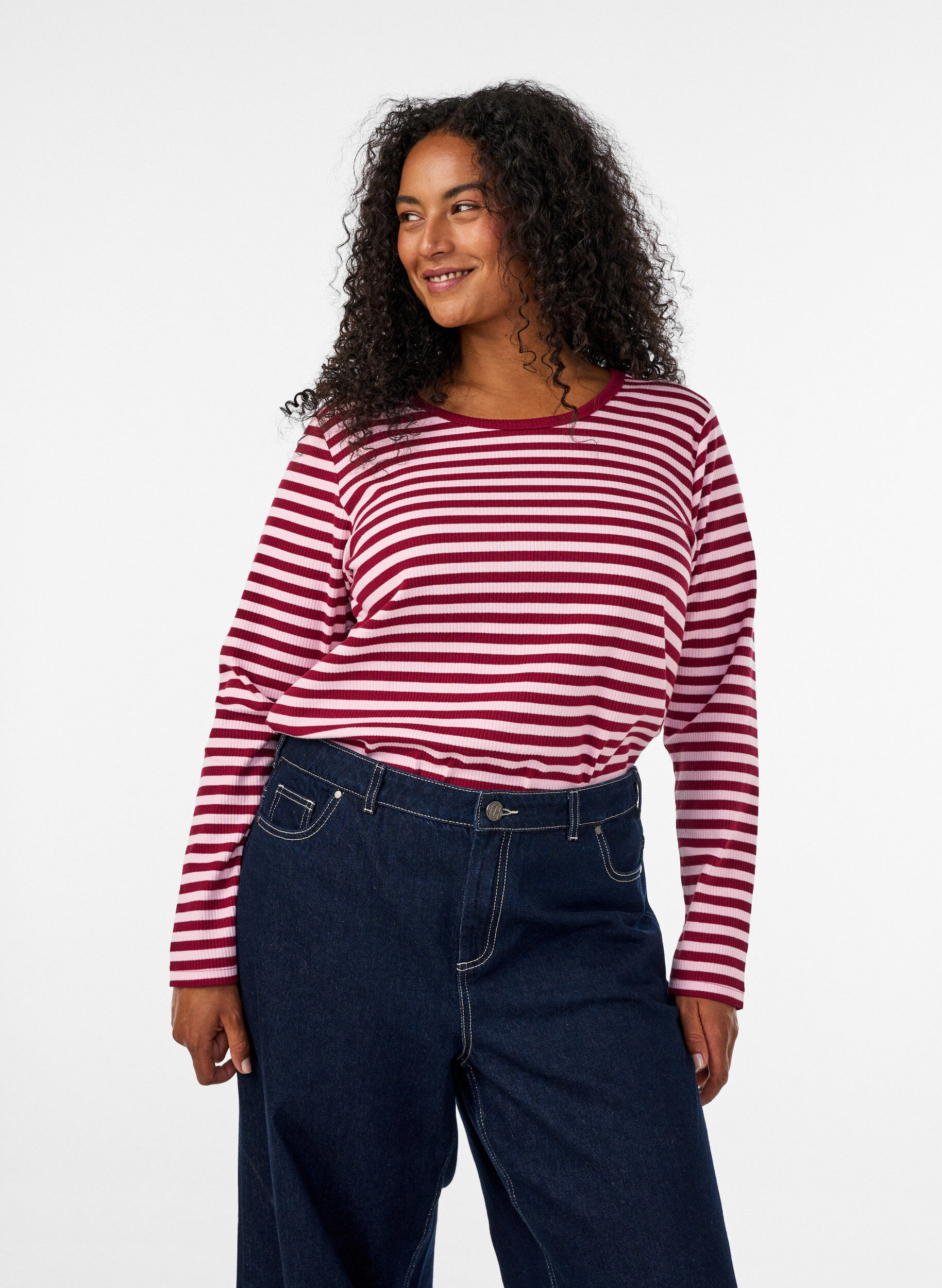 ZizziStripete bluse med lange ermer, Rosa, Model image number 0