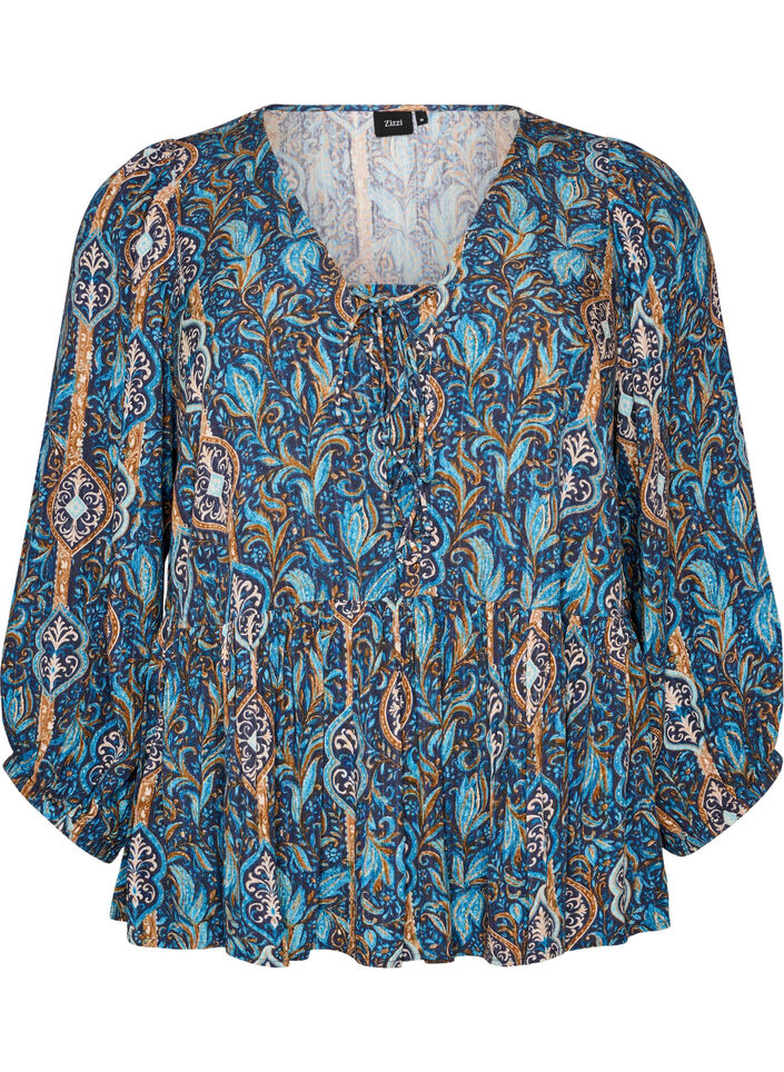 Bluse med paisleytrykk og blondedetaljer, Bl&aring;, Packshot image number 0