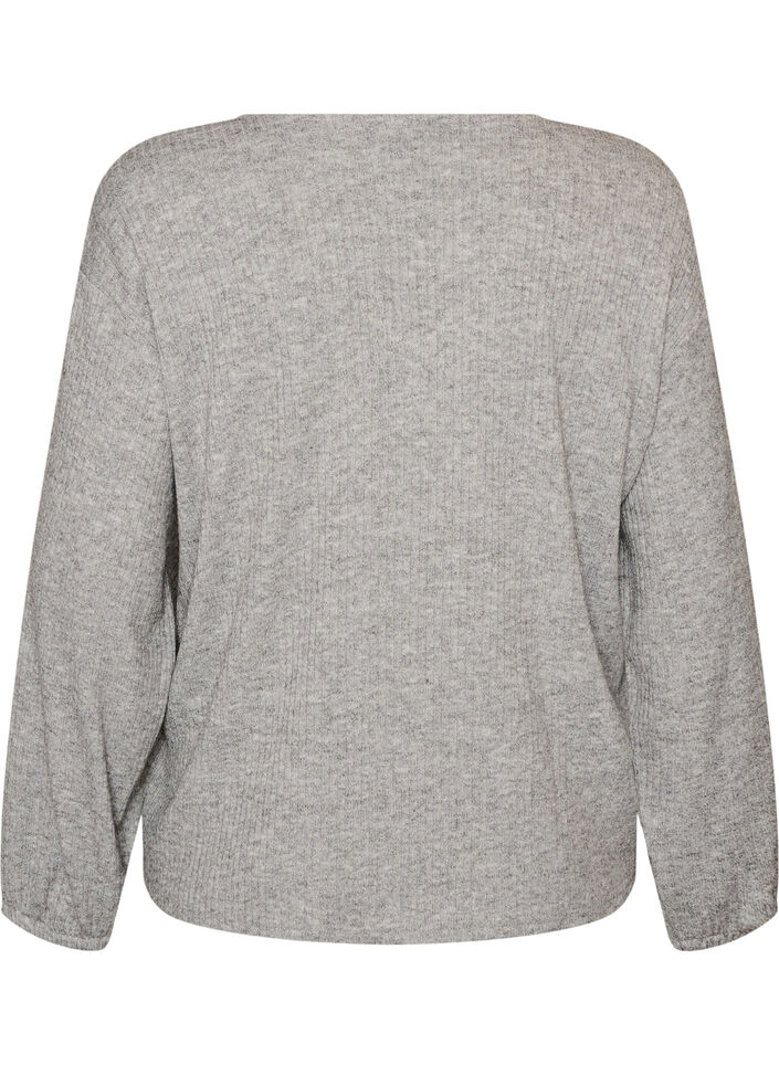 Bluse i jersey med ribbet tekstur og V-hals, Gr&aring;, Packshot image number 1