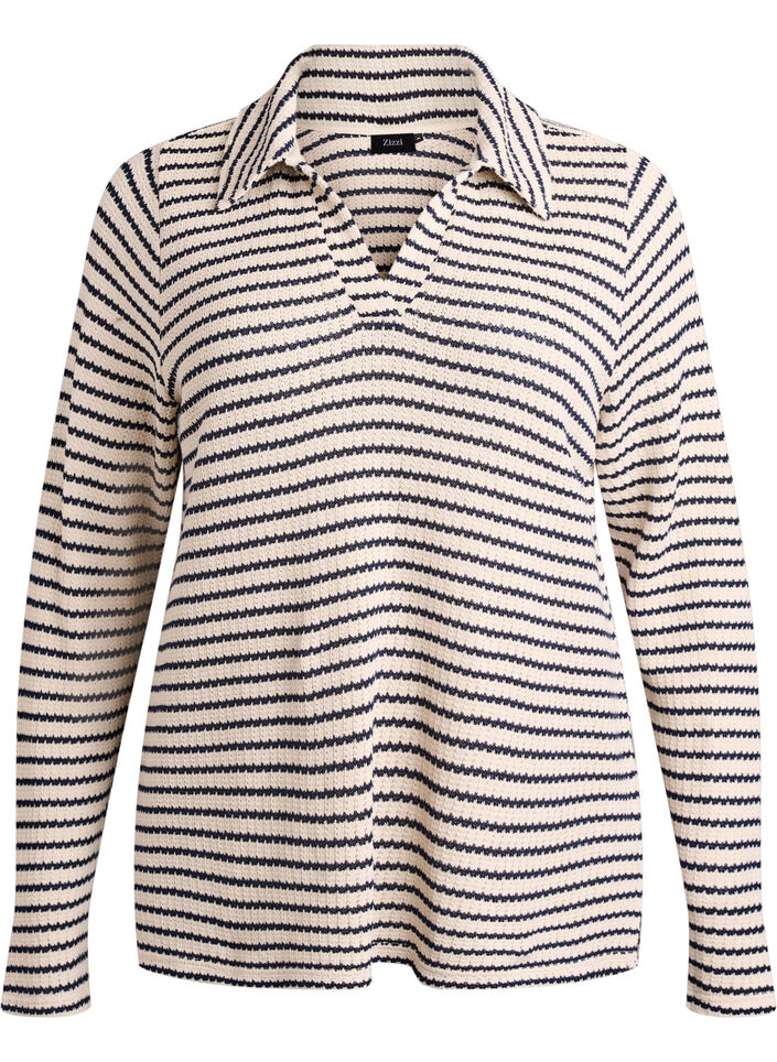 Stripete bluse i jerseystoff med krage og V-hals, Beige, Packshot image number 0