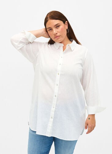 Lang skjorte i lin og bomull, Bright White, Model image number 0