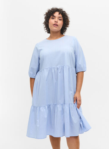 Stripete kjole med korte puffermer, Blue As Sample, Model image number 0