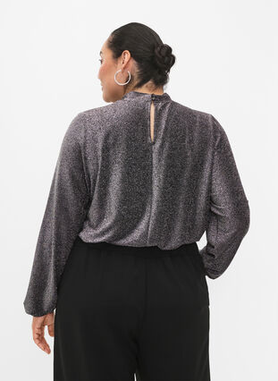 Langermet bluse med glitter, rund hals og V-detalj, Black Silver, Model image number 1