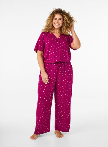 Zizzi Nattbluse i viskose med hjerteprint, Rød, Model image number 1