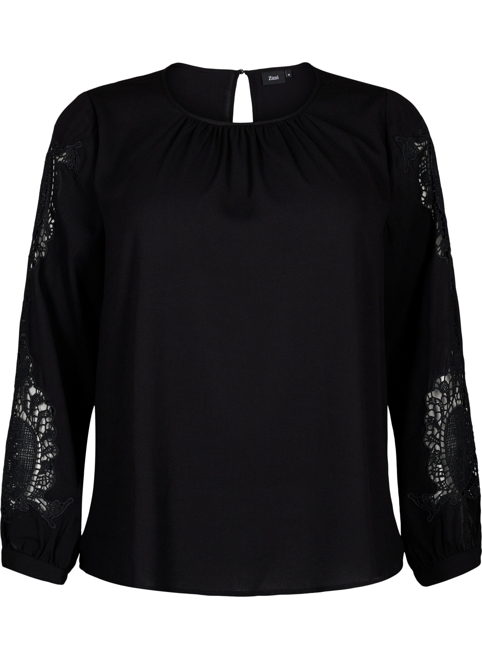 Zizzi Bluse med lange ermer og heklede detaljer, Black, Packshot image number 0