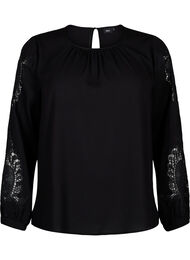 Bluse med lange ermer og heklede detaljer, Black