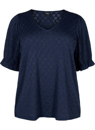 Bluse med V-hals og hullmønster, Navy Blazer